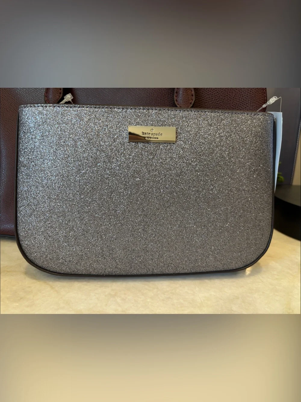 kate spade Silver Glitter Toiletry Bag with Gold Plaque